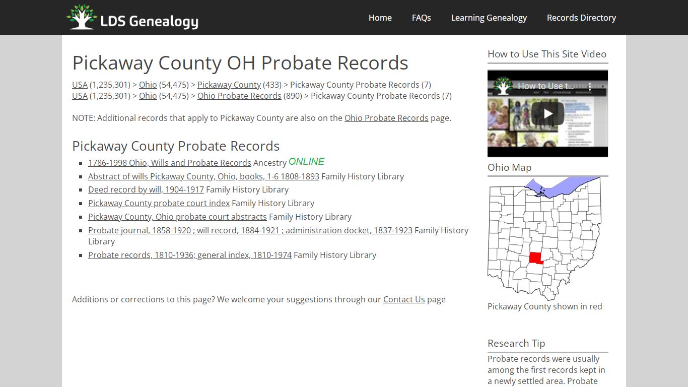 Pickaway County OH Probate Records - LDS Genealogy